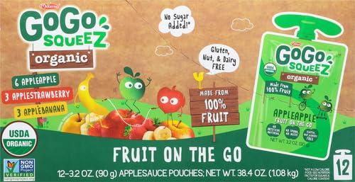 GoGo squeeZ Fruit on the Go Organic Variety Pack, Apple, Strawberry & Banana, 3.2 oz (Pack of 12), Unsweetened Organic Snacks for Kids, No Gluten, Nut & Dairy, Recloseable Cap, BPA Free Pouches