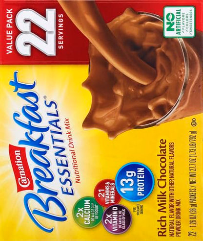 Carnation Breakfast Essentials Powder Drink Mix, Rich Milk Chocolate,1.26 Ounce (Pack of 22), (Packaging May Vary)