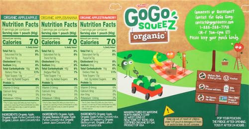GoGo squeeZ Fruit on the Go Organic Variety Pack, Apple, Strawberry & Banana, 3.2 oz (Pack of 12), Unsweetened Organic Snacks for Kids, No Gluten, Nut & Dairy, Recloseable Cap, BPA Free Pouches