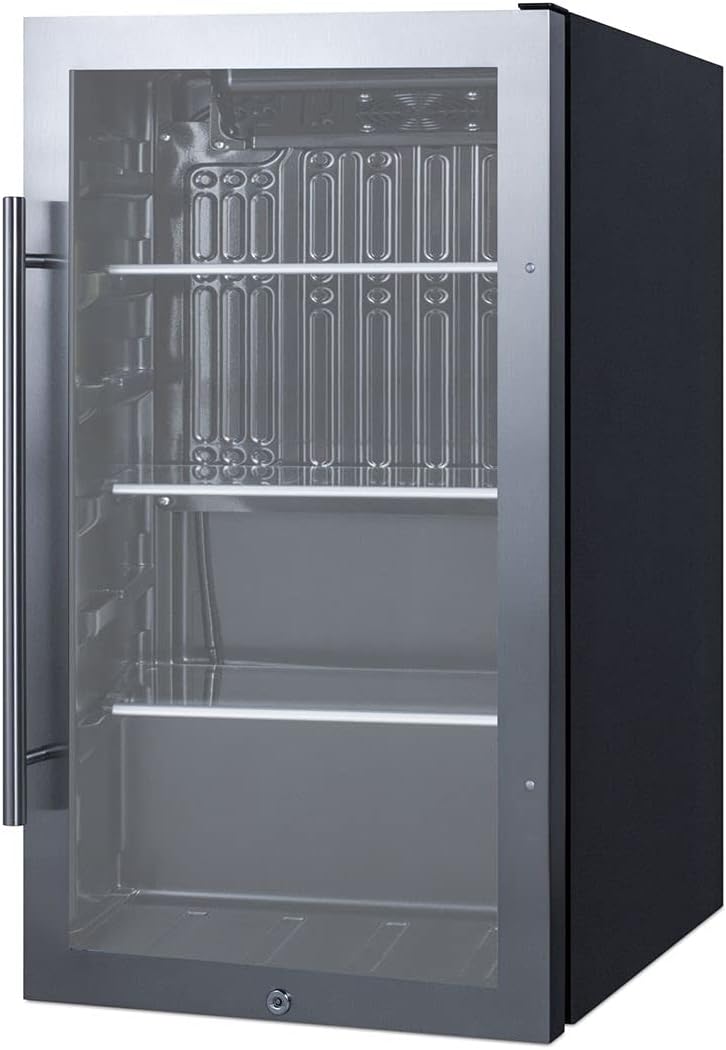 Summit Appliance SPR488BOS Commercially Approved Shallow Depth Indoor/Outdoor Beverage Cooler, Seamless Stainless Steel Door Trim, Glass Door, Black Interior, Front Lock, and Dial Thermostat