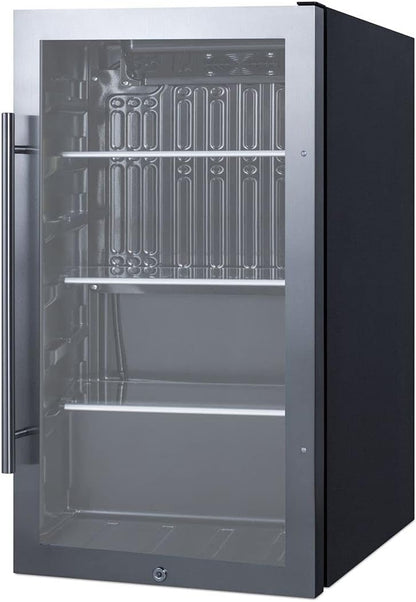 Summit Appliance SPR488BOS Commercially Approved Shallow Depth Indoor/Outdoor Beverage Cooler, Seamless Stainless Steel Door Trim, Glass Door, Black Interior, Front Lock, and Dial Thermostat