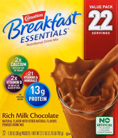 Carnation Breakfast Essentials Powder Drink Mix, Rich Milk Chocolate,1.26 Ounce (Pack of 22), (Packaging May Vary)