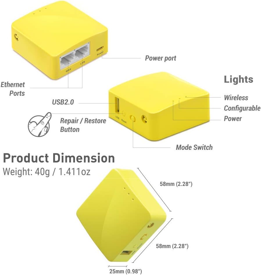 GL.iNet GL-MT300N-V2 (Mango) Portable Mini Travel Wireless Pocket VPN WiFi Router - 2X Ethernet Ports | USB 2.0 | OpenWrt | OpenVPN/Wireguard for Public & Hotel Wi-Fi | Easy to Set up via Admin Panel