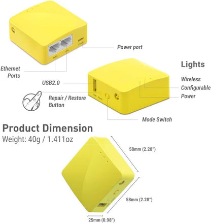 GL.iNet GL-MT300N-V2 (Mango) Portable Mini Travel Wireless Pocket VPN WiFi Router - 2X Ethernet Ports | USB 2.0 | OpenWrt | OpenVPN/Wireguard for Public & Hotel Wi-Fi | Easy to Set up via Admin Panel
