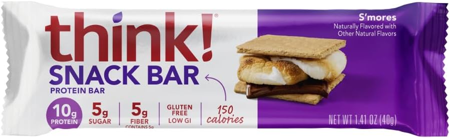 think! Protein Bars with Chicory Root for Fiber, Digestive Support, Gluten Free with Whey Protein Isolate, S'mores, Snack Bars without Artificial Sweeteners, 1.4 Oz (10 Count)