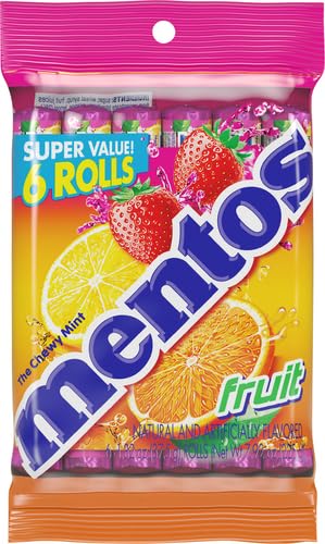 Mentos Chewy Candy Mint Roll, Fruit, Holiday Christmas Stocking Stuffers for Adults & Kids, Non-Melting, 14 Count (Pack of 6)