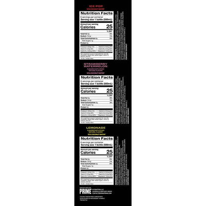 Prime Hydration Drink, Variety Pack ( ICE POP, STRAWBERRY WATERMELON, LEMONADE), 16.9 fl oz, 18 ct