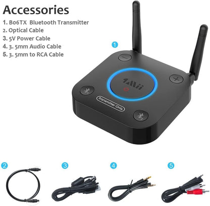 1Mii B06TX Bluetooth 5.2 Transmitter for TV to Wireless Headphone/Speaker, Bluetooth Adapter for TV w/Volume Control, AUX/RCA/Optical/Coaxial Audio Inputs, Plug n Play, aptX Low Latency & HD