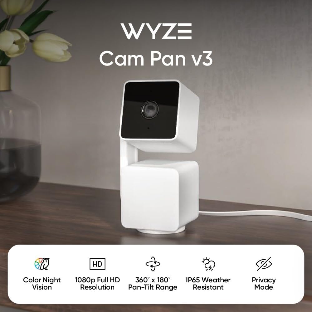 WYZE Cam Pan v3 Indoor/Outdoor IP65 1080P 360° Pan/Tilt/Zoom Wi-Fi Smart Home Security Camera with Motion Tracking for Baby & Pet, Color Night Vision, Works with Alexa & Google Assistant, White