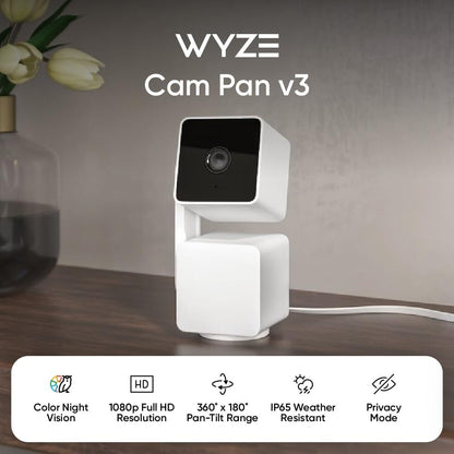 WYZE Cam Pan v3 Indoor/Outdoor IP65 1080P 360° Pan/Tilt/Zoom Wi-Fi Smart Home Security Camera with Motion Tracking for Baby & Pet, Color Night Vision, Works with Alexa & Google Assistant, White