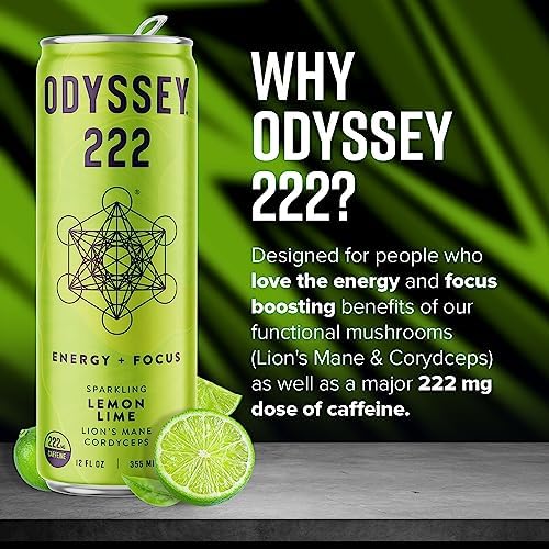 Odyssey 222 Energy Drink, Pre Workout, 222mg Caffeine, Clean Energy Drinks, L Theanine, Lions Mane, Cordyceps & Green Tea for Energy, Focus & Mood Boost, Low Calorie, Variety Pack, 12 Fl oz, 12 Pack