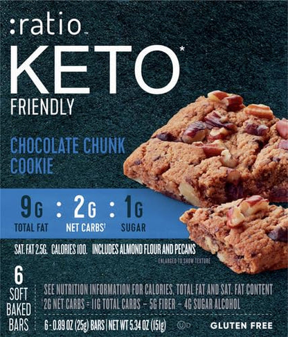 Ratio Soft Baked Bars, Chocolate Chunk Cookie, 1g Sugar, Keto Friendly, 5.34 oz (6 Bars)