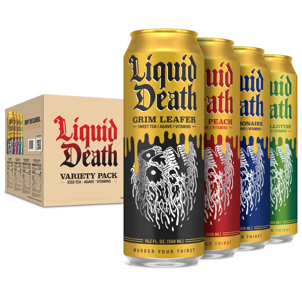 Liquid Death, Iced Tea Variety Pack (Grim Leafer, Rest in Peach, Dead Billionaire, and Green Guillotine), 12-Pack (King Size 19.2oz Cans), Tea Sweetened With Real Agave, B12 & B6 Vitamins, Low Calorie & Low Sugar