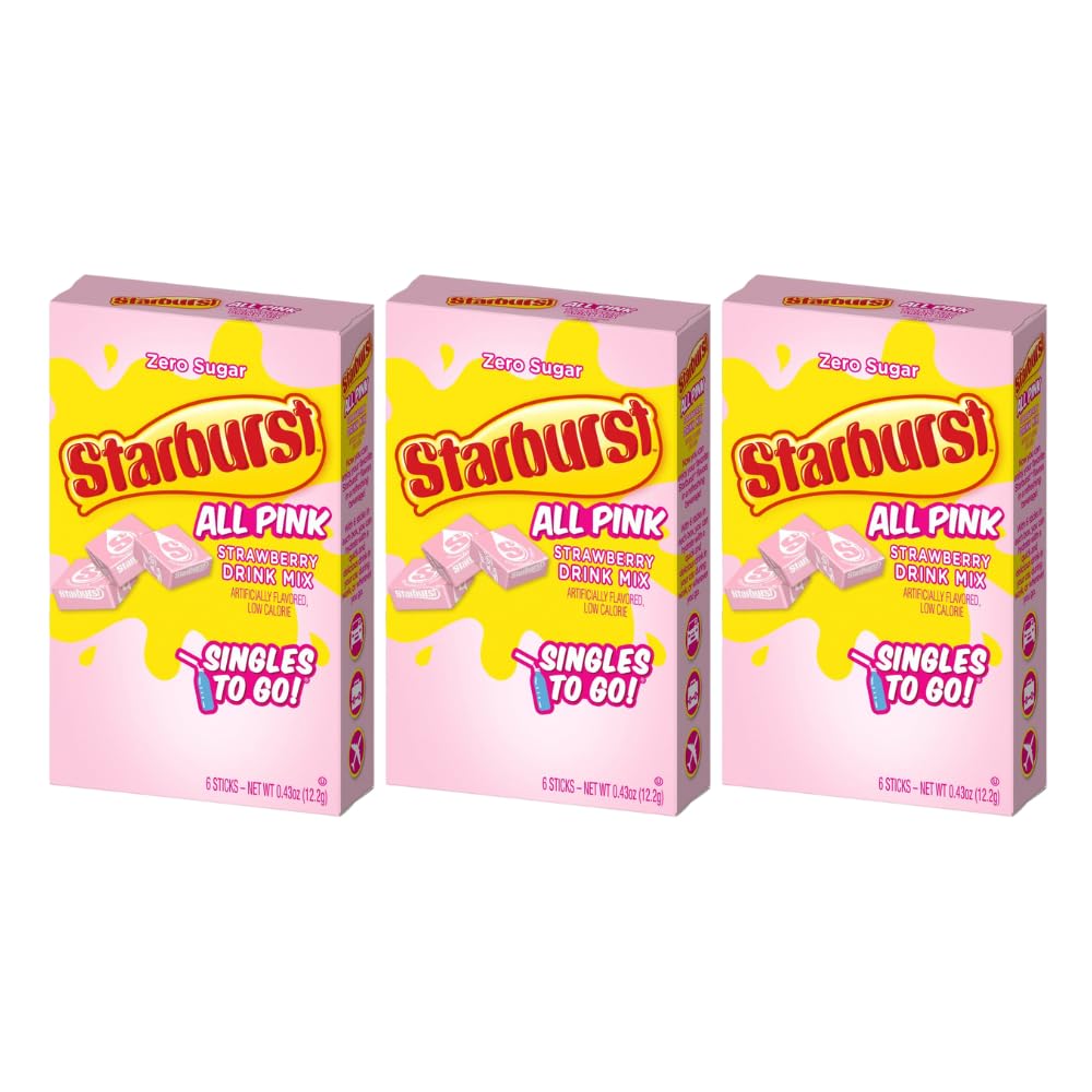 Starburst Singles To Go Powdered Drink Mix, All Pink Strawberry, 3 Boxes with 6 Packets Each - 18 Total Servings, Sugar-Free Drink Powder, Just Add Water, 6 count (Pack of 3)