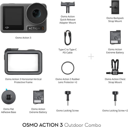 DJI Osmo Action 3 Outdoor Combo, Action Camera 4K with Chest & Backpack Strap Mount for Travel, Sports, Stabilization, Cold Resistant, Waterproof Action Camera with 2 Batteries up to 320 Mins