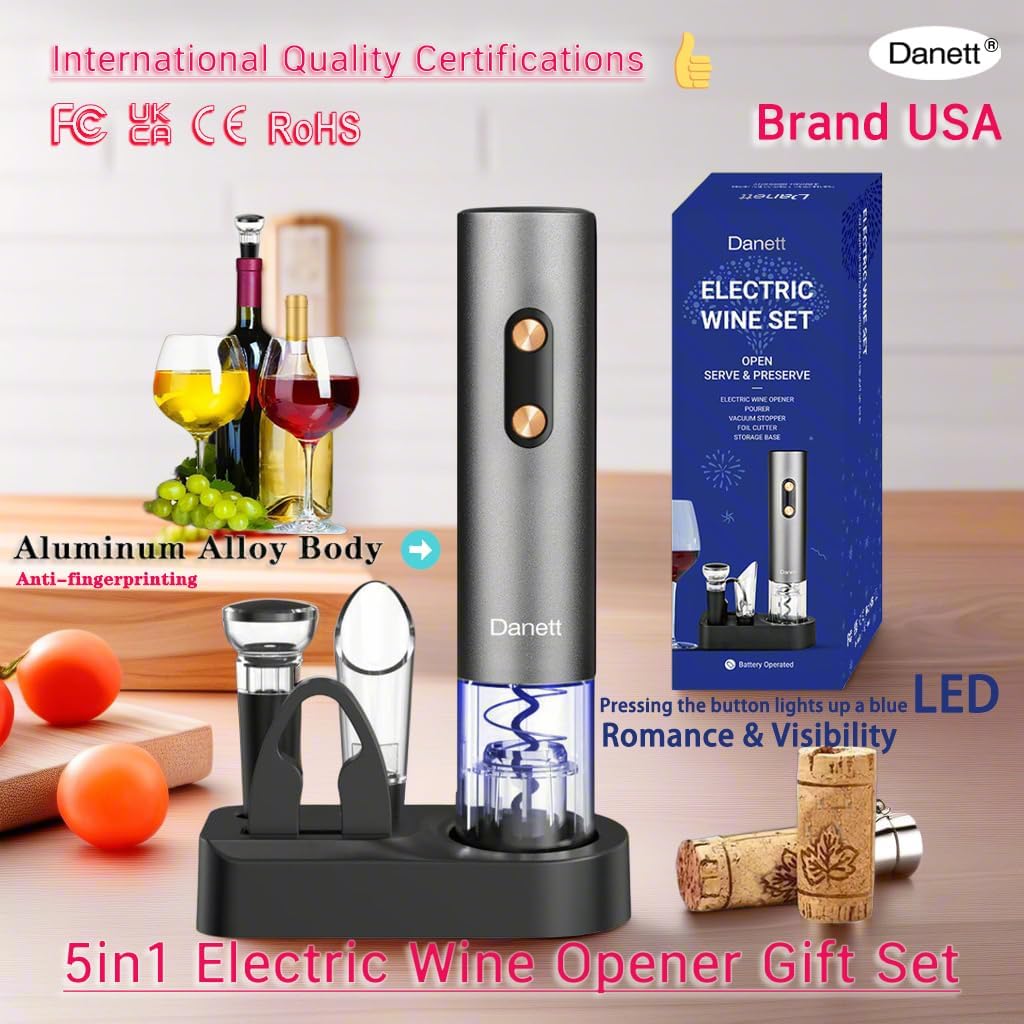 Automatic Electric Wine Opener Gift Set 5in1, Electric Wine Bottle Corkscrew+Foil Cutter+Pourer+Vacuum Stoppers+Base,AL alloy body+Rose gold Buttons Anti-fingerprint,Blue Light Bin-Grey