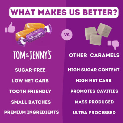 Tom & Jenny's Sugar Free Candy Soft Caramels Individually Wrapped - Sea Salt & Vanilla - Low Net Carb Zero Sugar Candy with Xylitol & Maltitol (Classic Chewy Sugar Free Caramel) Keto Candy 1 Pack