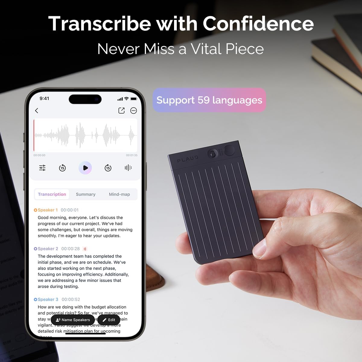 AI Voice Recorder, PLAUD Note Voice Recorder w/Case, App Control, Transcribe & Summarize Empowered by ChatGPT, Support 59 Languages, 64GB Memory, Audio Recorder for Lectures, Meetings, Calls, Black