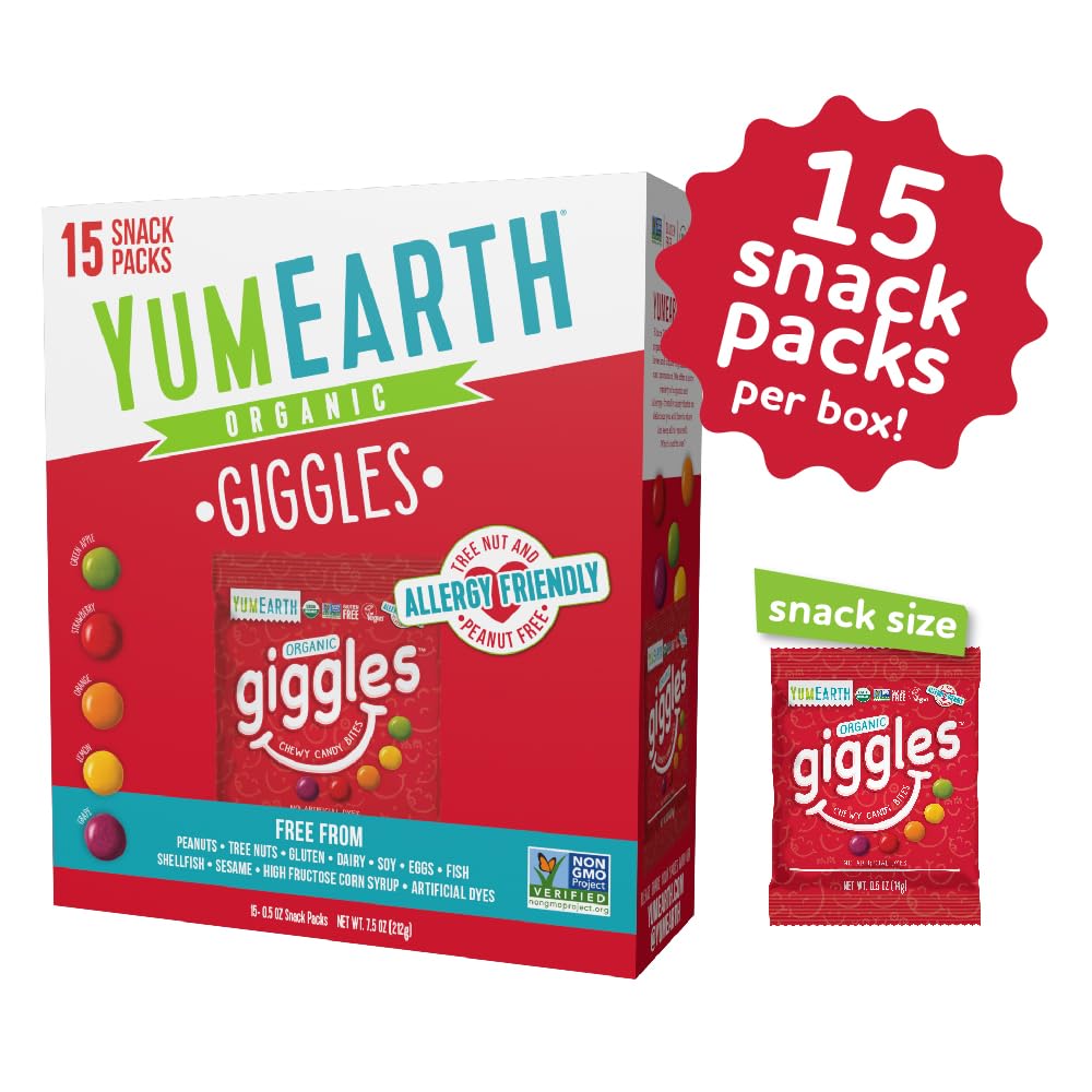 YumEarth Organic Giggles Chewy Candy - Allergy Friendly (Top 9 Free), No Artificial Dyes or Flavors, Non GMO, Gluten Free, Vegan - Individually Wrapped Fruity Snack Packs - 0.5 Ounce (Pack of 15)