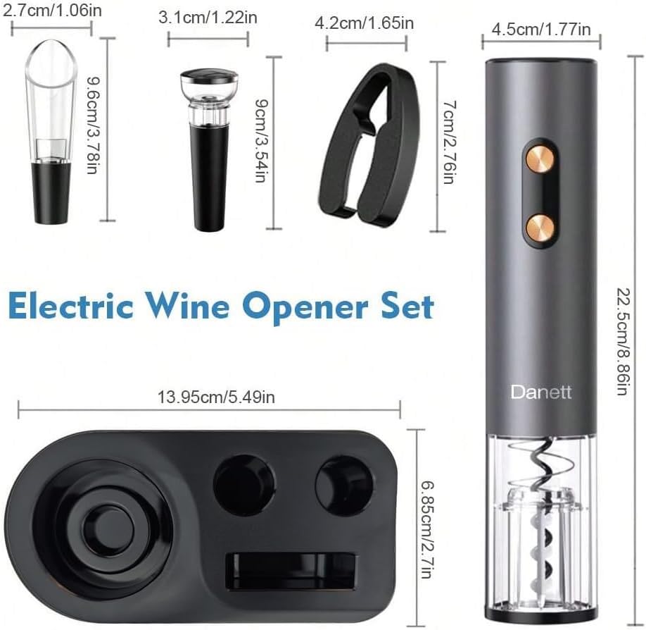 Automatic Electric Wine Opener Gift Set 5in1, Electric Wine Bottle Corkscrew+Foil Cutter+Pourer+Vacuum Stoppers+Base,AL alloy body+Rose gold Buttons Anti-fingerprint,Blue Light Bin-Grey