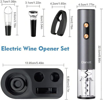 Automatic Electric Wine Opener Gift Set 5in1, Electric Wine Bottle Corkscrew+Foil Cutter+Pourer+Vacuum Stoppers+Base,AL alloy body+Rose gold Buttons Anti-fingerprint,Blue Light Bin-Grey