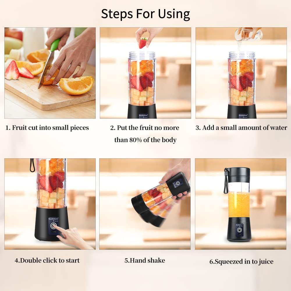 Portable Blender Cup,Electric USB Mini Juicer Blender For Shakes and Smoothies, Juice,380ml, Six Blades Great for Mixing,Black