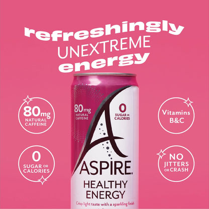 ASPIRE® Raspberry Acai, Healthy Energy Drink with Low Caffeine, No Sugar, Carbs, and Keto Friendly, 12 Pack