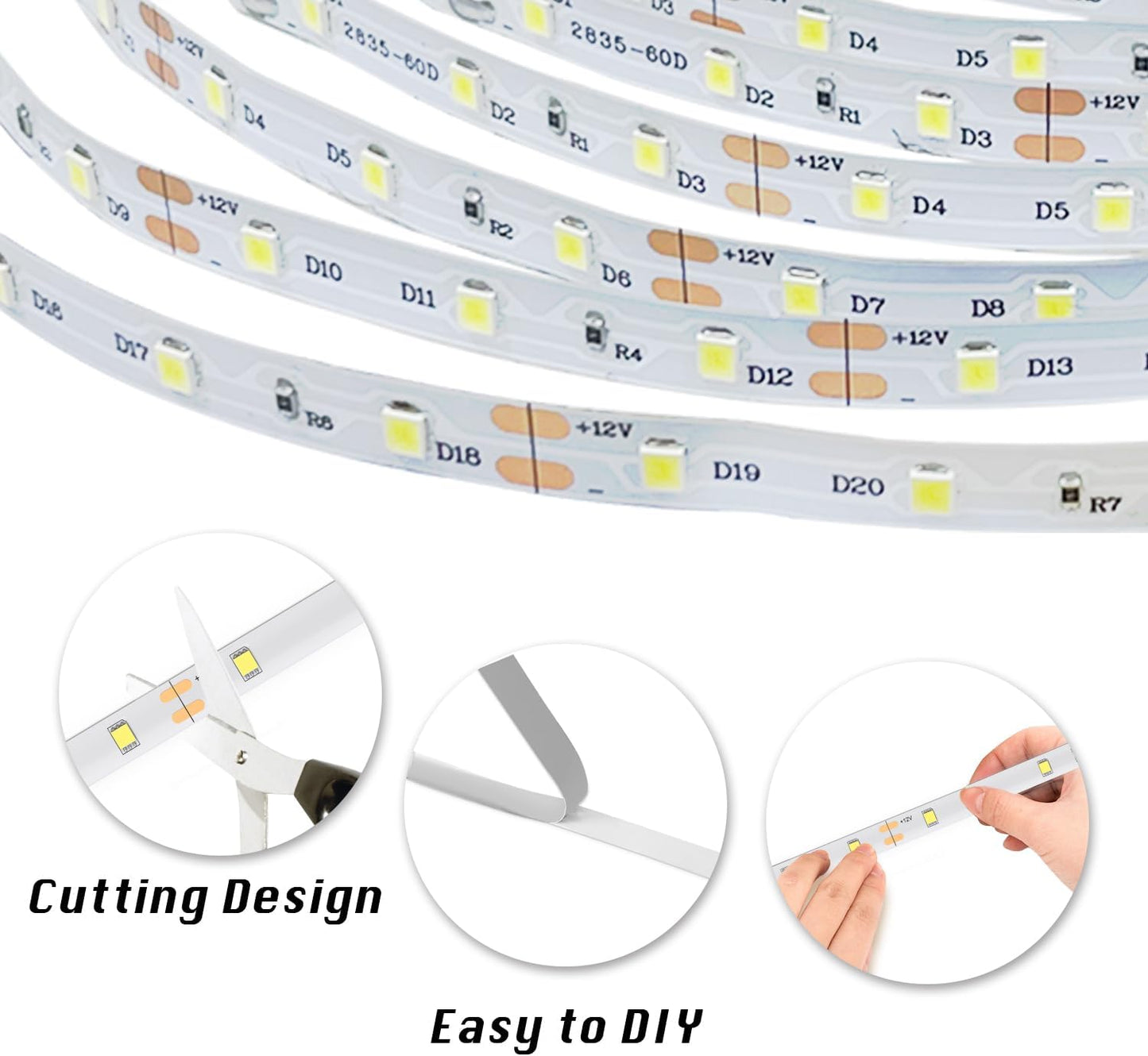 dalattin White LED Strip Lights, 20ft Dimmable Super Bright 24V Led Tape Light 6500K 360 LEDs Lights for Bedrooms, Mirror, Kitchen, Home Decoration Daylight White