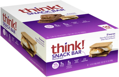 think! Protein Bars with Chicory Root for Fiber, Digestive Support, Gluten Free with Whey Protein Isolate, S'mores, Snack Bars without Artificial Sweeteners, 1.4 Oz (10 Count)