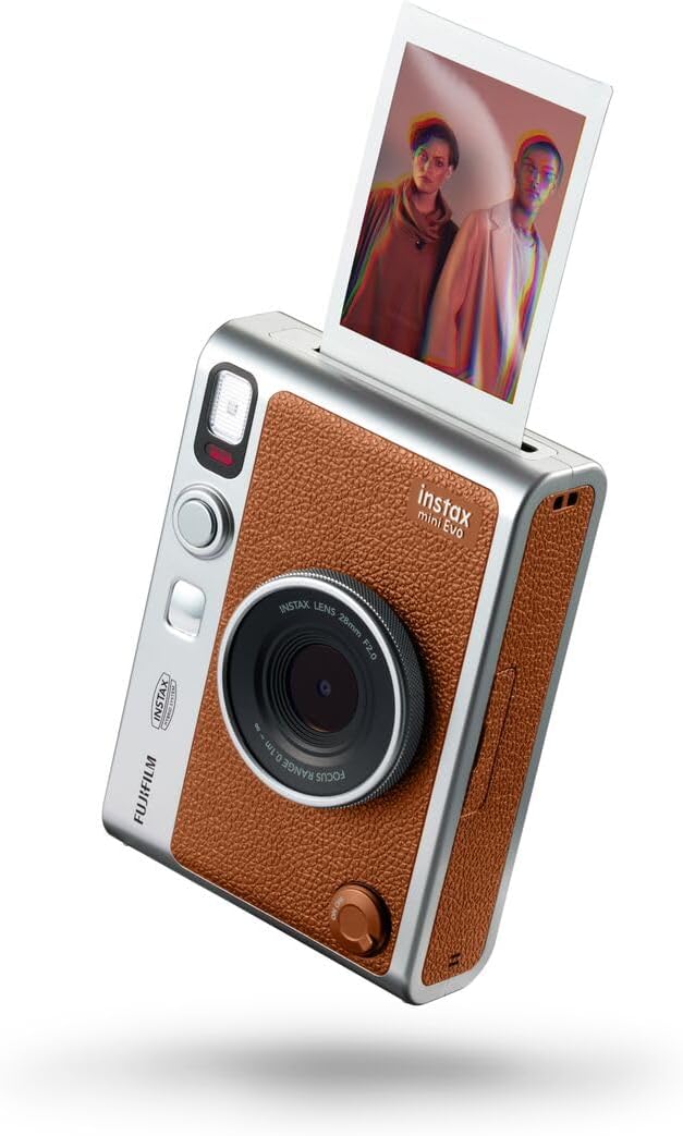Fujifilm Instax Mini EVO Hybrid Brown Instant Camera | Fuji Instax Mini Twin Pack Instant Film | 32GB microSD | Camera Case - Bundle