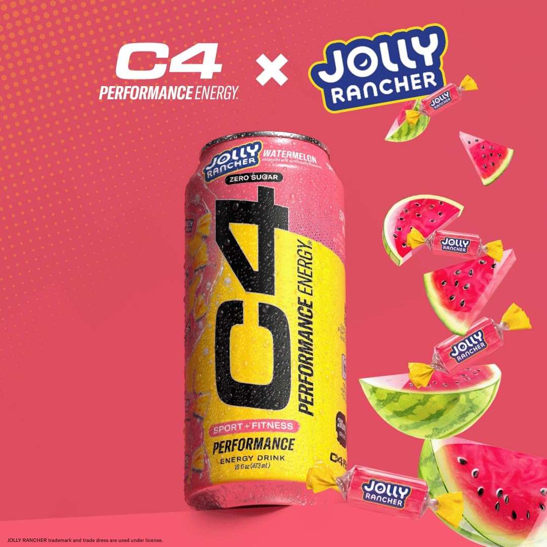 Cellucor C4 Performance Energy Drink | JOLLY RANCHER Watermelon | Zero Sugar Carbonated Preworkout Energy | 200mg Caffeine with Beta Alanine | 16 Fl Oz (12 Pack)