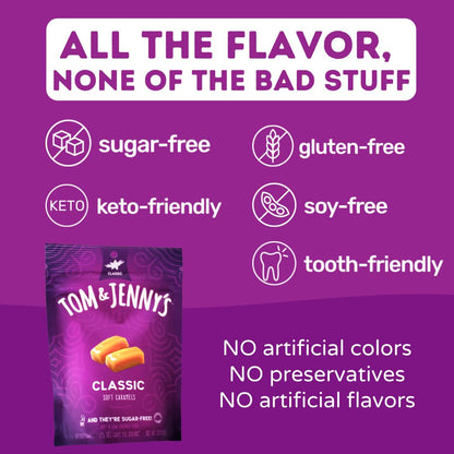 Tom & Jenny's Sugar Free Candy Soft Caramels Individually Wrapped - Sea Salt & Vanilla - Low Net Carb Zero Sugar Candy with Xylitol & Maltitol (Classic Chewy Sugar Free Caramel) Keto Candy 1 Pack
