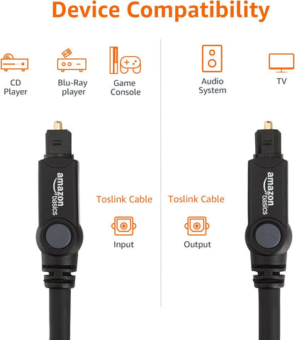 Amazon Basics Toslink Digital Optical Audio Cable, Multi-Channel, for Audio System, Sound Bar, Home Theatre, Gold-Plated Connectors, 6 Foot, Black