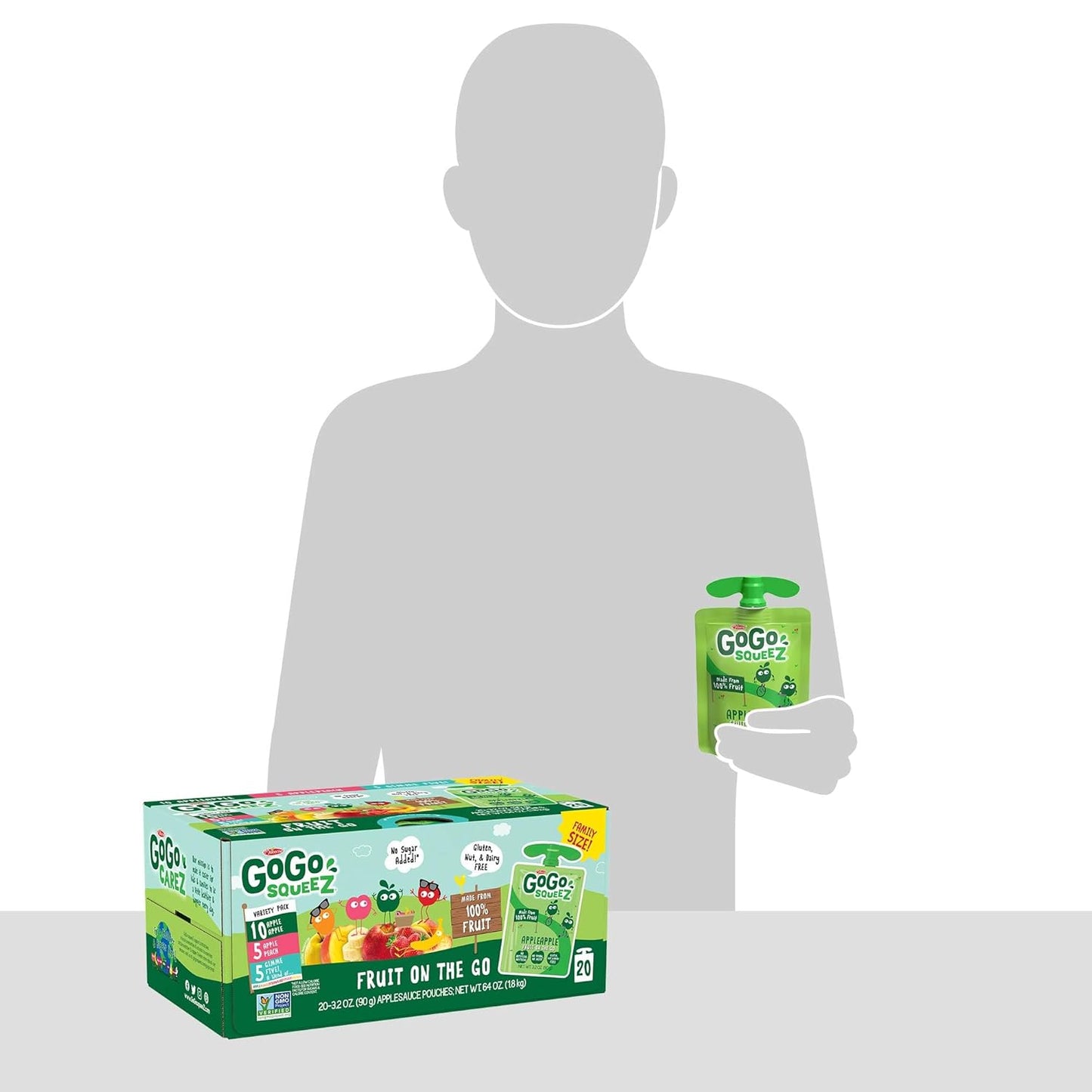 GoGo squeeZ Fruit on the Go Variety Pack, Apple, Peach & Gimme Five!, 3.2 oz (Pack of 20), Unsweetened Fruit Snacks for Kids, Gluten Free, Nut Free and Dairy Free, Recloseable Cap, BPA Free Pouches