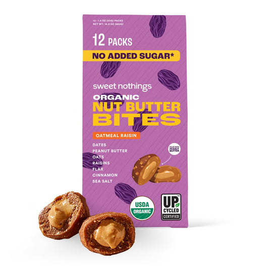 Sweet Nothings, Oatmeal Raisin, USDA Organic Nut Butter Bites Protein Bar, Nut & Date Snack, Filled with Peanut Butter, 12-2 Bite Value Packs - No Added Sugar, Plant Based, Vegan, Only 7 Ingredients