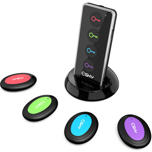 Esky Key Finder, 80dB Item Trackers with 131ft Range Remote Tags with Sound, Wireless Wallet Finders Locator for Finding Key Wallet Passport Pet Phone 4 Receivers & Flashlight