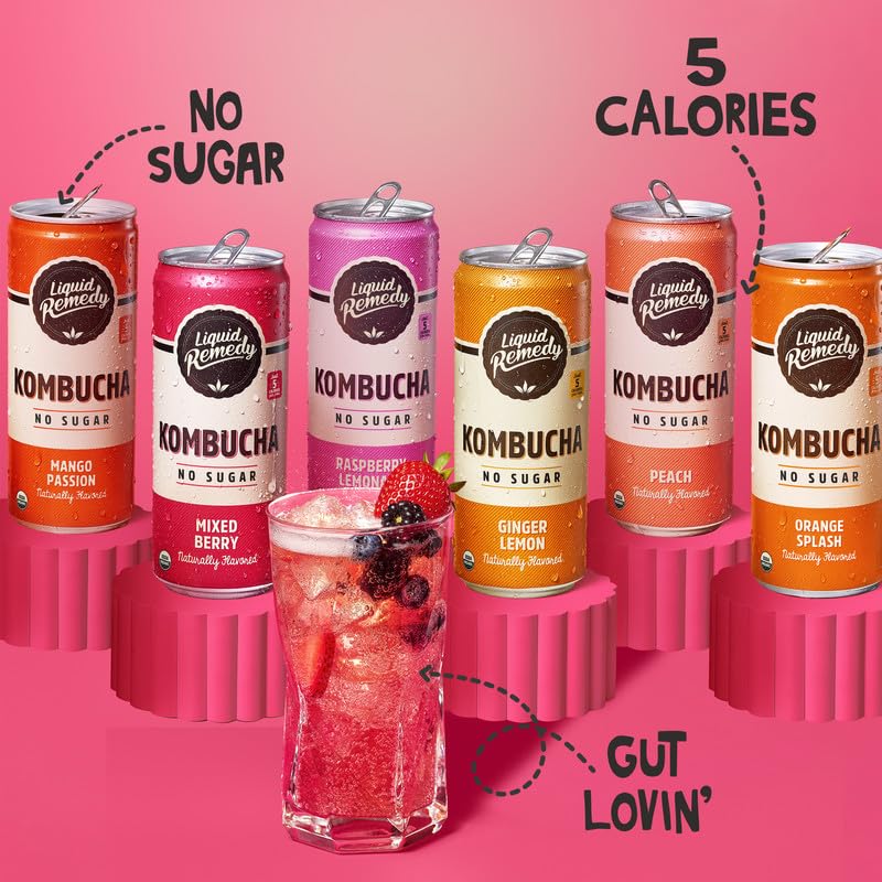 Liquid Remedy Kombucha Sugar Free Organic Drink, Low Calorie, Probiotic Like Tea for Gut Health - Super Sampler Variety Pack - 8.5 Fl Oz Can, 24-Pack