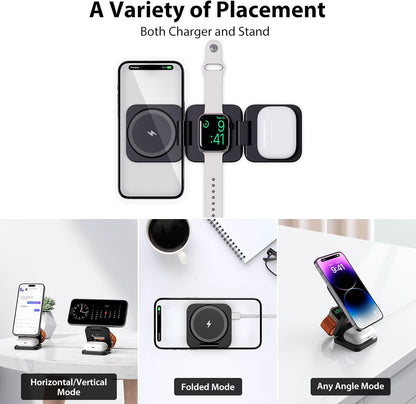 Fast Wireless Charger, Magnetic Foldable 3 in 1 Charging Station for iPhone 16/15/14/13/12/Pro/Plus/Pro Max, 5W Portable Charger for Apple Watch9/8/7/6/5/4/3/SE, for Airpods3/2/Pro-Black