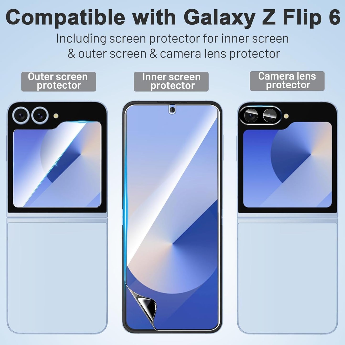 [3 + 3 + 2 Pack] for Samsung Galaxy Z flip 6 5G Screen Protector, 3 Pack Inner TPU Screen Protector + 3 Pack External Tempered Glass + 2 Pack Camera Lens Protector, Easy Install with Alignment Tool