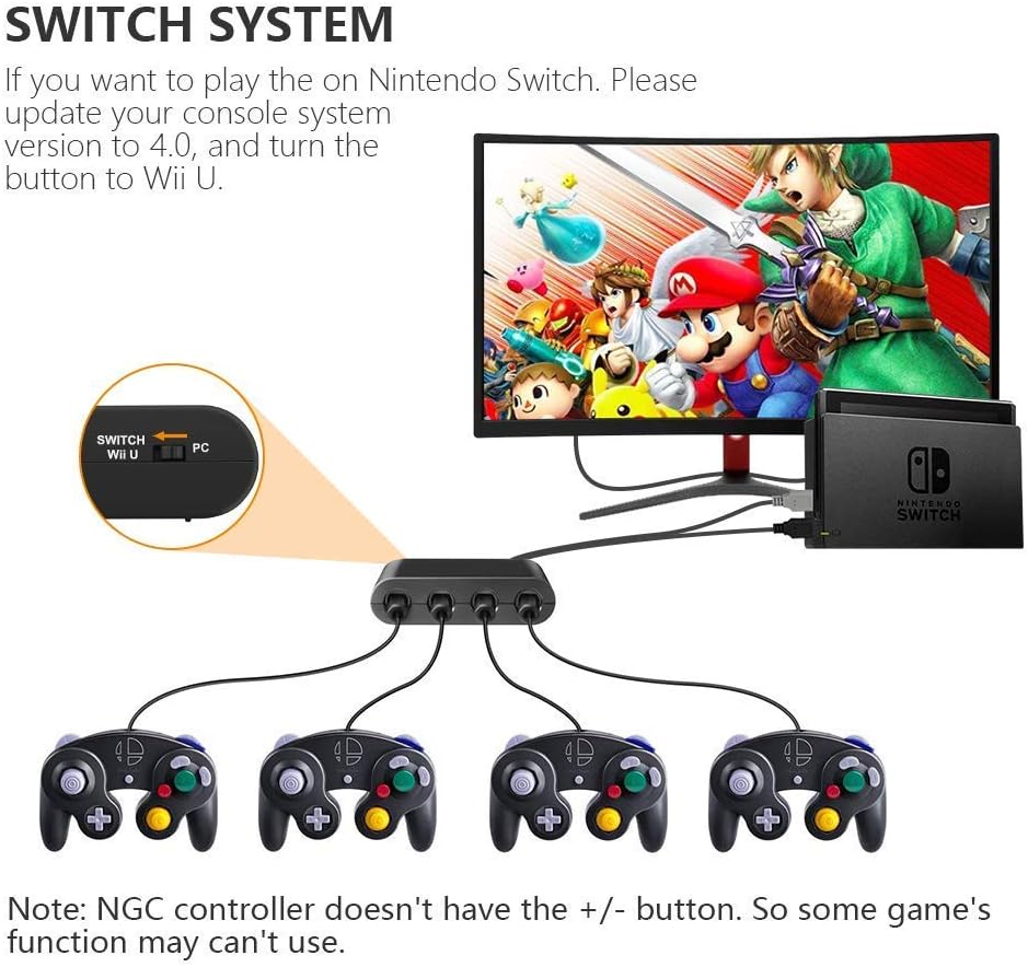 Gamecube Adapter for Nintendo Switch Gamecube Controller Adapter and WII U and PC, Super Smash Bros Gamecube Controller Adapter. Support Turbo and Vibration Features with 180cm Long Cable