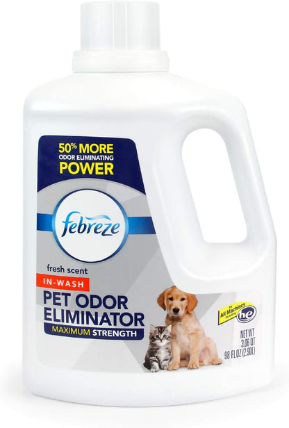 Febreze Laundry Detergent Additive for Pet Supplies, Maximum Strength In Wash Pet Odor Eliminator, Designed to Remove Tough Odors in Fabrics and Clothing in a Single Wash, Fresh Scent, 98 fl oz