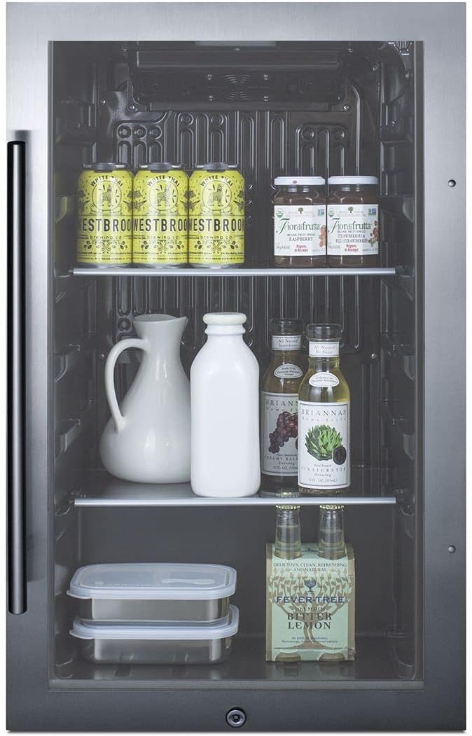 Summit Appliance SPR488BOS Commercially Approved Shallow Depth Indoor/Outdoor Beverage Cooler, Seamless Stainless Steel Door Trim, Glass Door, Black Interior, Front Lock, and Dial Thermostat