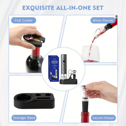 Automatic Electric Wine Opener Gift Set 5in1, Electric Wine Bottle Corkscrew+Foil Cutter+Pourer+Vacuum Stoppers+Base,AL alloy body+Rose gold Buttons Anti-fingerprint,Blue Light Bin-Grey