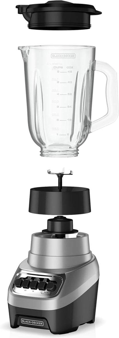 BLACK+DECKER PowerCrush Countertop Blender, 6-Cup Glass Jar, For Smoothies and More, Stainless Steel Blade, 4 Speed Settings to Puree, Crush Ice, Chop, Dice, and Pulse, Dishwasher Safe, 700W Motor