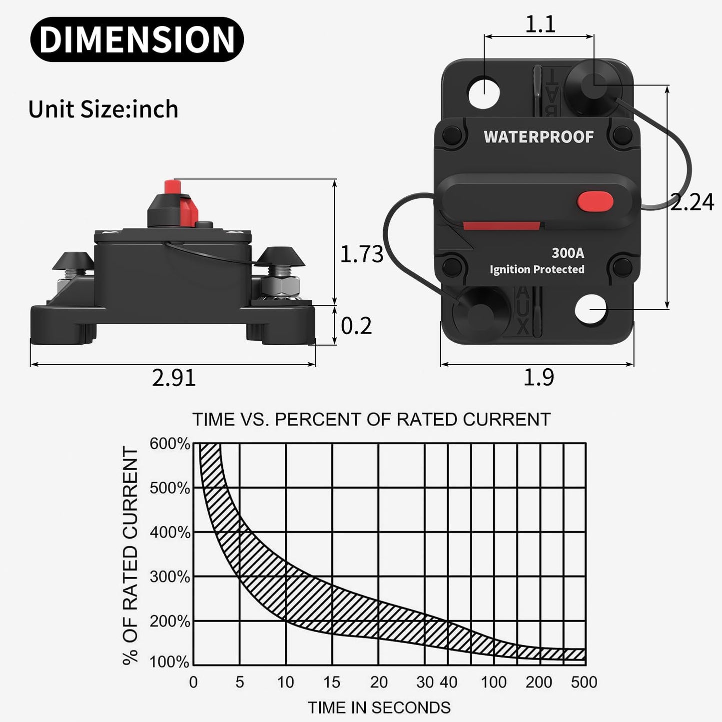 DaierTek 300 Amp Circuit Breaker, 12V Circuit Breaker DC 300A Circuit Breaker 12 Volt for Marine Boat Auto Car Truck -2Pack