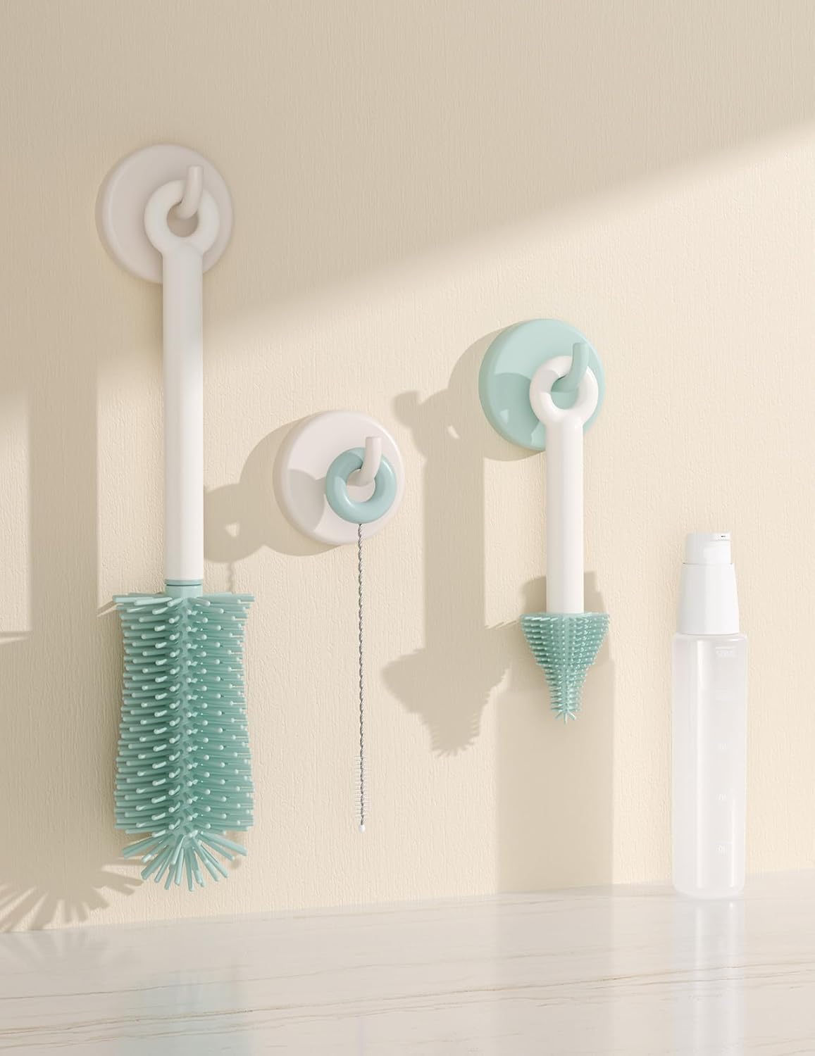 Momcozy Bottle Brush Set - Baby Bottle Cleaner Kit with Silicone Brush, Nipple Brush, Straw Brush, Soap Dispenser, Drying Rack - 7 in 1 Bottle Cleaning Tool for Home and Travel