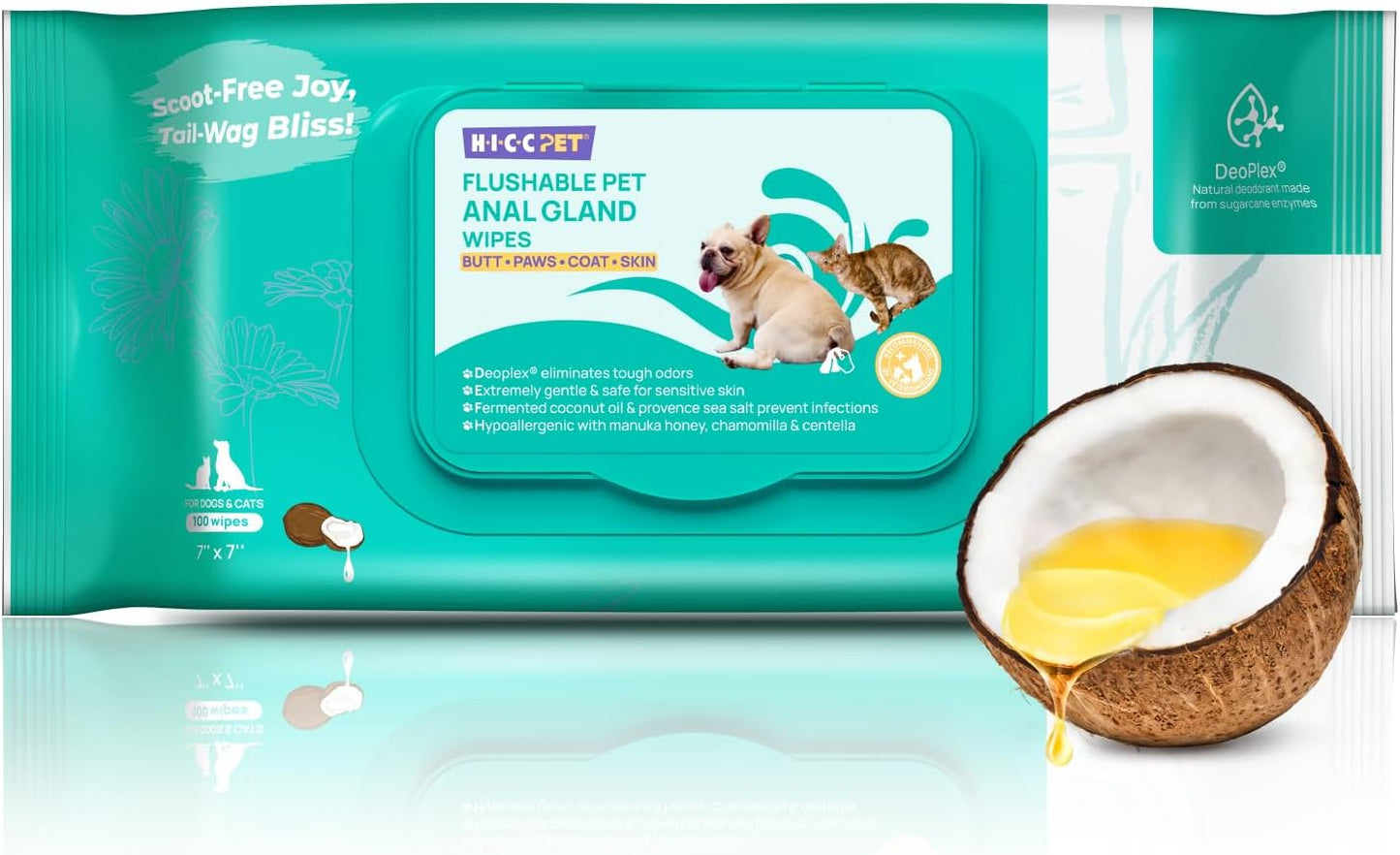 HICC PET Wipes for Dogs & Cats, Cleansing Deodorizing & Soothing Allergy Infections Anal Gland Pets Wipes with Coconut Oil - Dog Grooming Wipes for Butt and Paw - Hypoallergenic & Vet Recommended