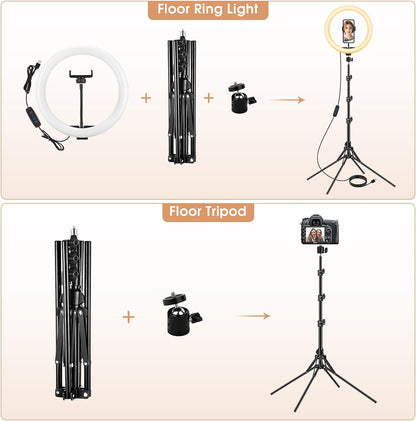 13 inch Ring Light with Floor Stand(Ringlight Kit Totally 70.6" Tall), LED Circle Light with Phone Holder, for Photo Selfie, Video Recording, Zoom Meeting