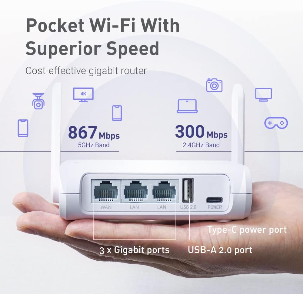 GL.iNet GL-SFT1200 (Opal) Secure Travel WiFi Router, AC1200 Dual Band Gigabit Ethernet Wireless Network, IPv6 USB 2.0 MU-MIMO DDR3, 128MB Ram Repeater Bridge Access Point Mode, Router for Public Use