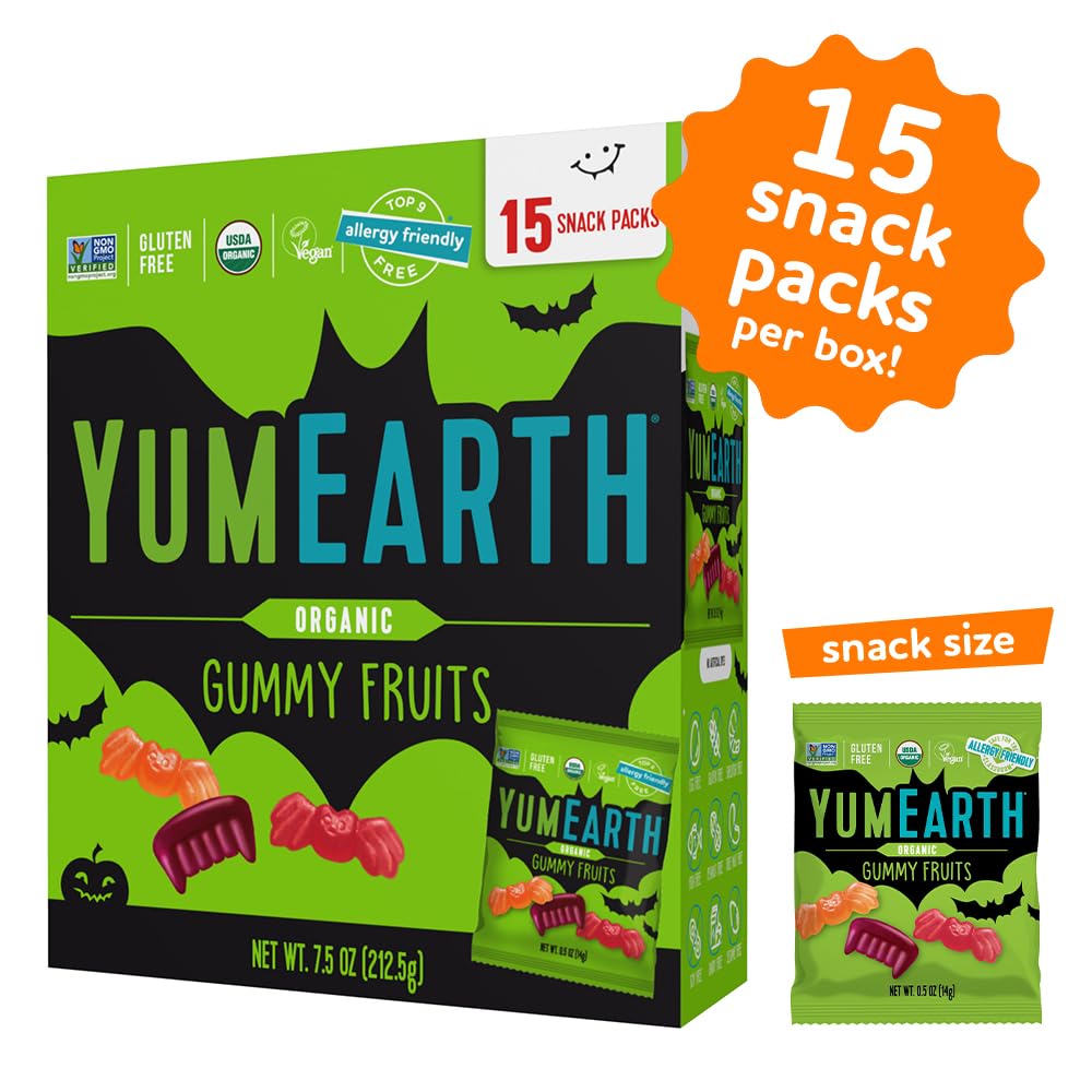 YumEarth Organic Halloween Gummy Fruits - Fruity Candy Snack Packs, Gluten Free Snacks for Kids - Allergy Friendly, Non-GMO, No Artificial Flavors or Dyes - Assorted Flavors, 7.5 oz (Pack of 15)